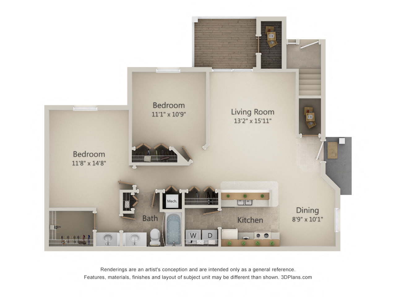 Floor plan for 2 beds, 1 bath, 1010 sqft